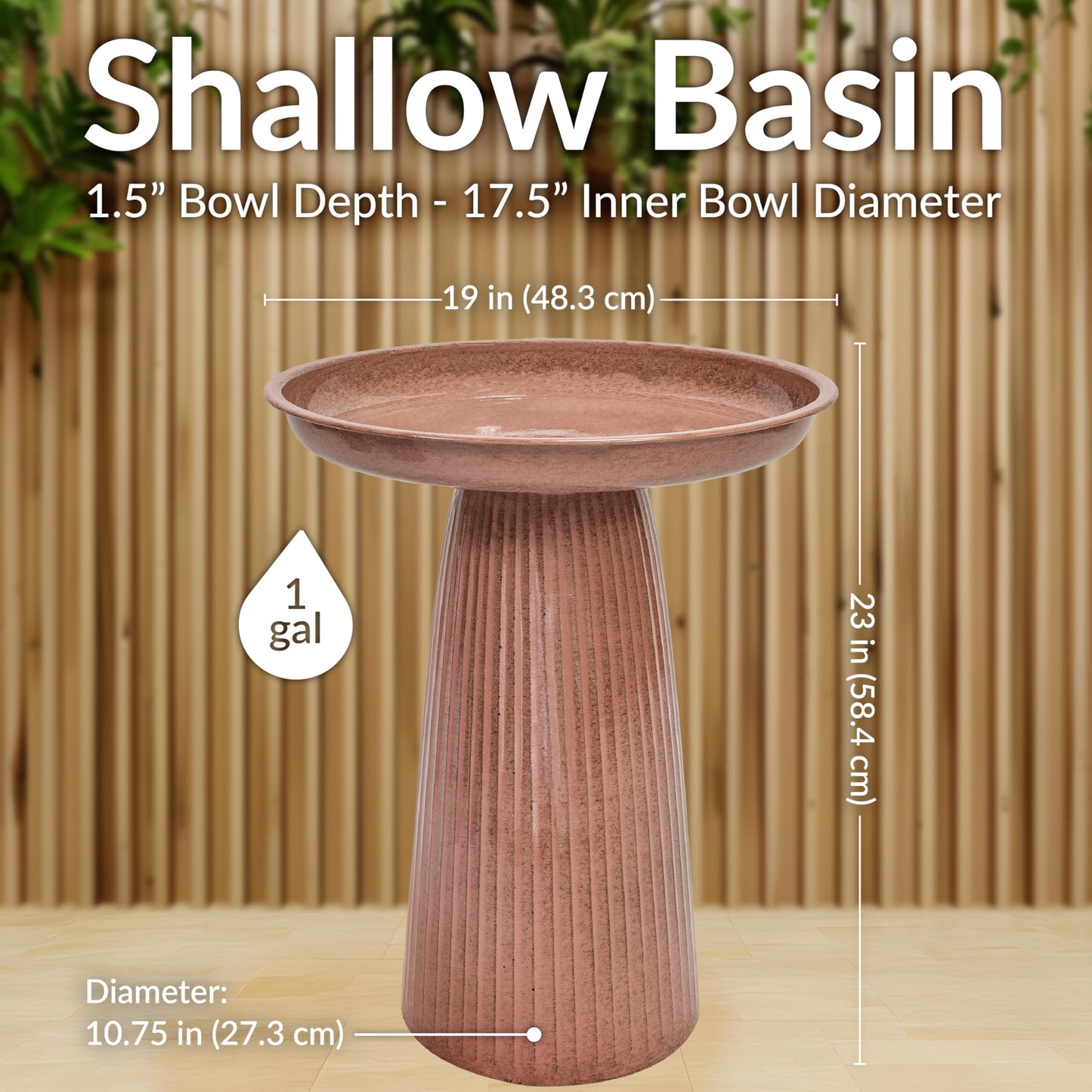 Sunnydaze Gleeful Garden 23" Iron Pedestal Bird Bath for Outside - Modern Shallow Basin Birdbath for Outdoors with UV-Protected Rust-Resistant Finish for Patio, Garden, Yard Decor - Canyon Clay Glaze