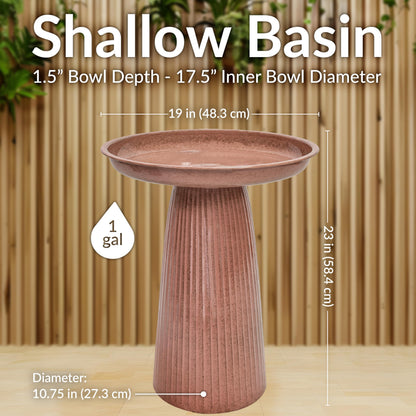 Sunnydaze Gleeful Garden 23" Iron Pedestal Bird Bath for Outside - Modern Shallow Basin Birdbath for Outdoors with UV-Protected Rust-Resistant Finish for Patio, Garden, Yard Decor - Canyon Clay Glaze