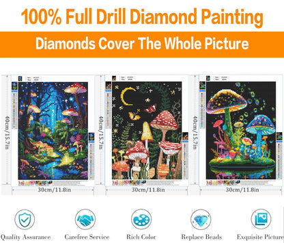 3 Pack Diamond Art Kits for Adults, Mushroom Diamond Painting Kits for Adults, 5D DIY Round Drill Gem Art Paint with Diamonds Dots Crafts Kits for Home Decor Gift 12x16inch