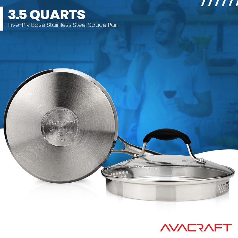 AVACRAFT Stainless Steel Saucepan with Glass Strainer Lid, Two Side Spouts for Easy Pour with Ergonomic Handle, Multipurpose Sauce Pot (5-Ply Capsule Bottom, 3.5 Quart)