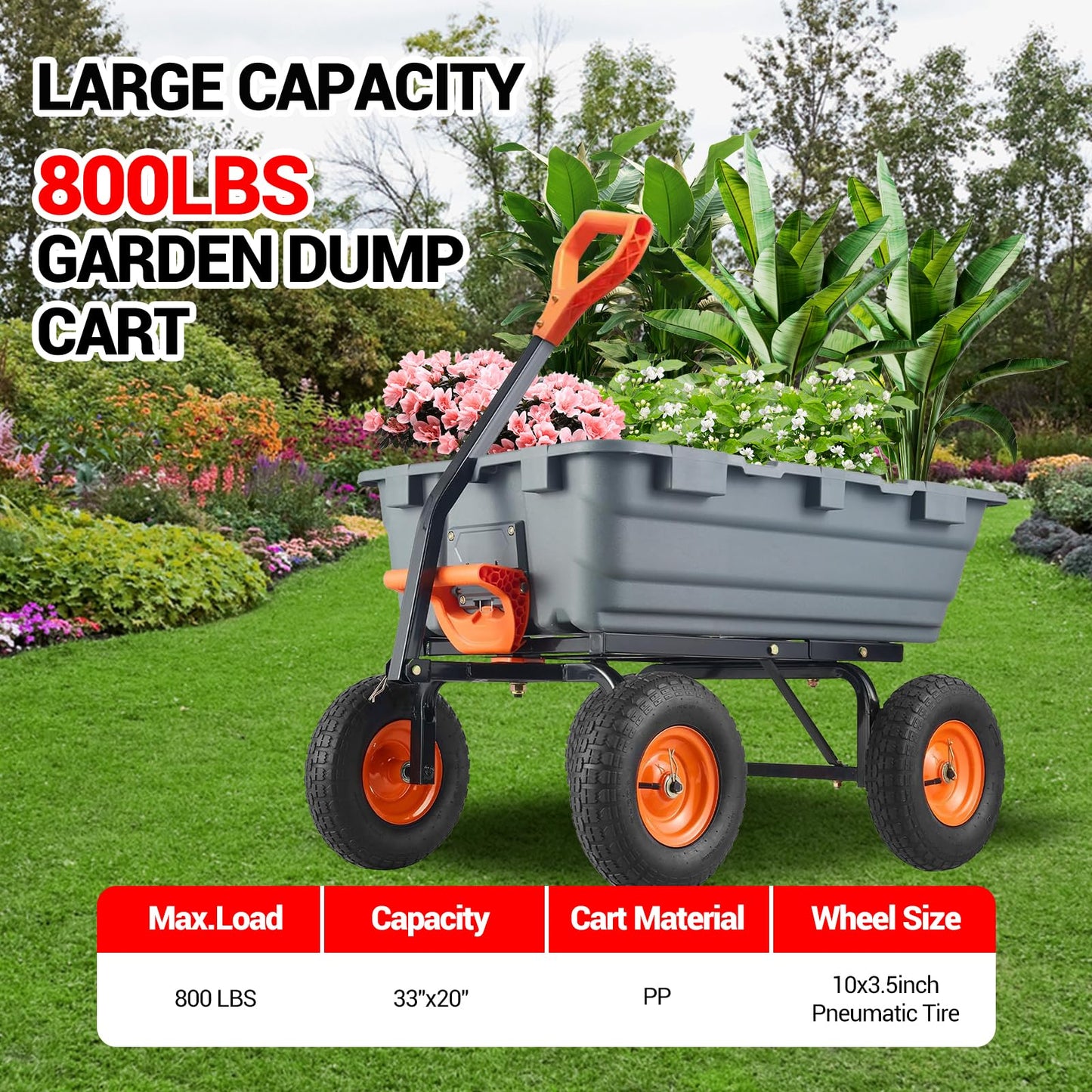 GarveeLife 800 LBS Poly Garden Dump Cart, Heavy-Duty Wheelbarrow with 10 in Tires, 180° Rotating Handle, Steel Frame and Quick Release System Garden Dump Cart for Soil Plants Gardening Tools Wood