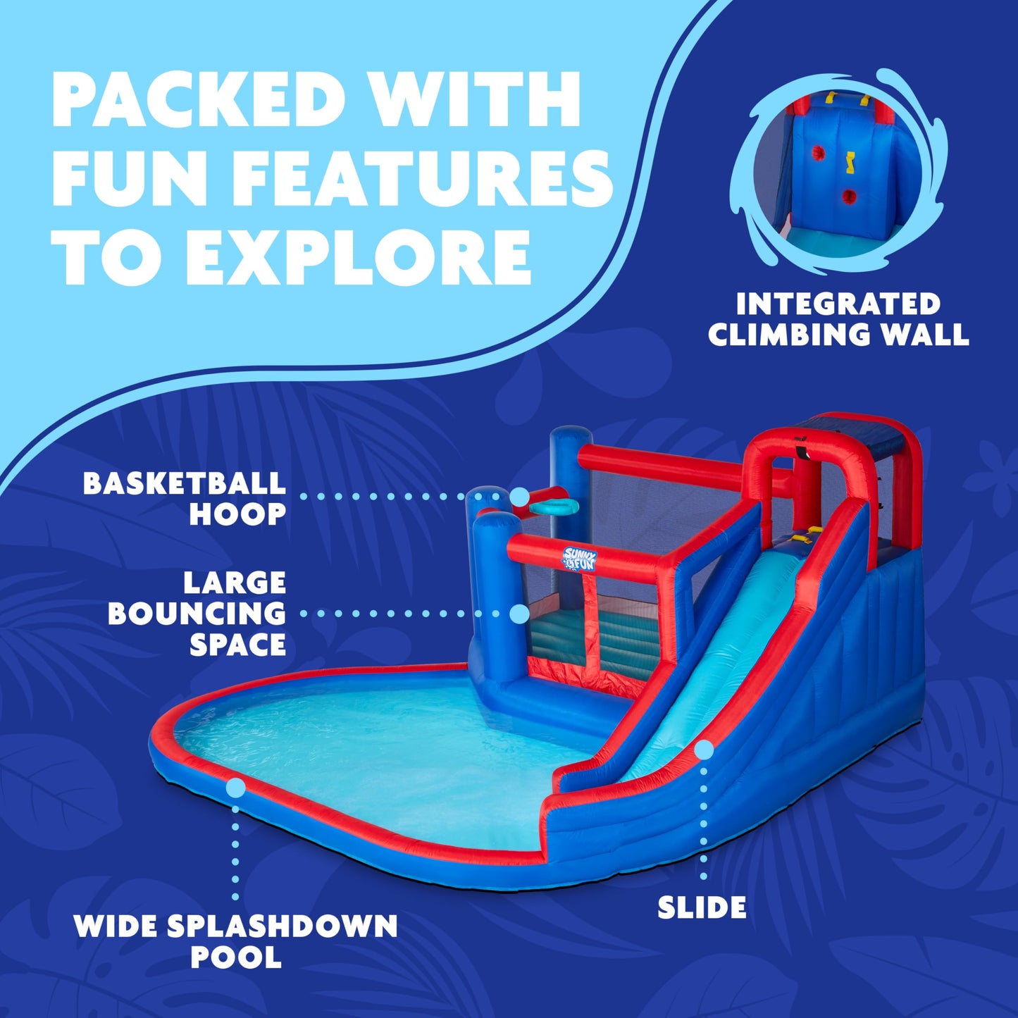 Sunny & Fun Big Time Bounce-A-Round Inflatable Water Slide Park – Heavy-Duty for Outdoor Fun - Climbing Wall, Slide, Bounce House & Splash Pool – Easy Set Up with Included Air Pump & Carrying Case