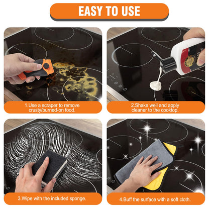 Meuvcol Glass Stove Top Cleaner Kit, 12 Oz Glass Cooktop Cleaner Non-Abrasive, Stove Oven Cleaner & Polish For Ceramic, Electric, Induction, Flat Top Stovetop, Gas - With Scrubbing Pad, Scraper, Cloth