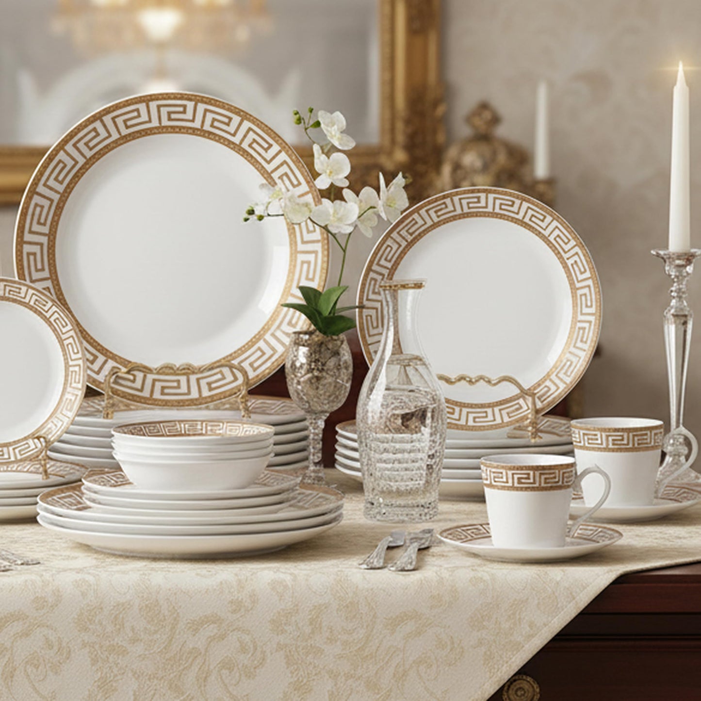 Lorren Home Trends 24 Piece Bone China Dinnerware Set with Gold Greek Key Design, Service for 4, White