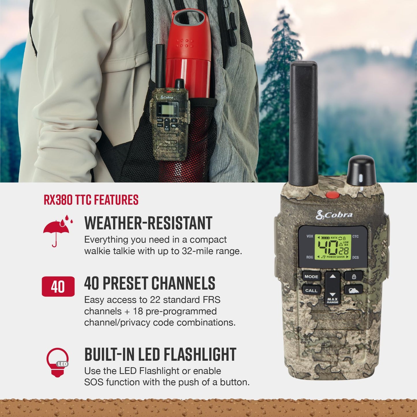 Cobra RX680 Walkie Talkies (2-Pack) - Rugged & Splashproof Two Way Radios Long Range, IP54 Water Resistant Design, 60 Pre-Programmed Channels, Weather Alerts, Included Charging Dock (Black/Orange)