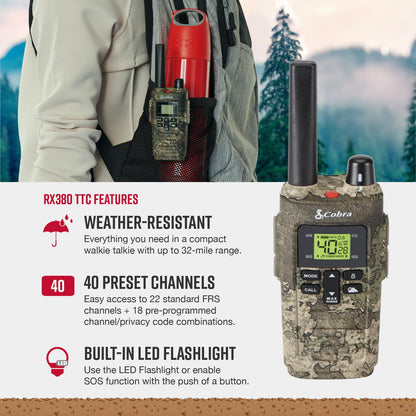 Cobra RX680 Walkie Talkies (2-Pack) - Rugged & Splashproof Two Way Radios Long Range, IP54 Water Resistant Design, 60 Pre-Programmed Channels, Weather Alerts, Included Charging Dock (Black/Orange)