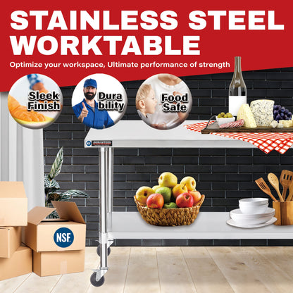 DuraSteel 30x72 NSF Stainless Steel Cart - Heavy Duty Food Prep Table with Undershelf - Rolling Kitchen Island on Wheels for Commercial Restaurant Kitchen, Garage, Outdoor Cooking, BBQ Grill, Counter