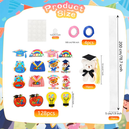 Barblog 172 Pcs Graduation Candy Lei Making Kit Including 16 Mini Bear Stuffed 16 Candy Lei Tubing 128 Paper Cut 4 Rolls Ribbons 8 Sticky Dots for Kindergarten College Grad Party Gifts