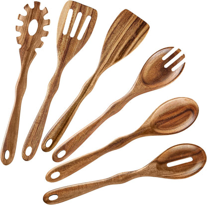 6 Piece Acacia Wood Cooking Spoons Set - Non Stick Wooden Utensils with Slotted Spoon, Salad Fork, Spatula, Pasta Server