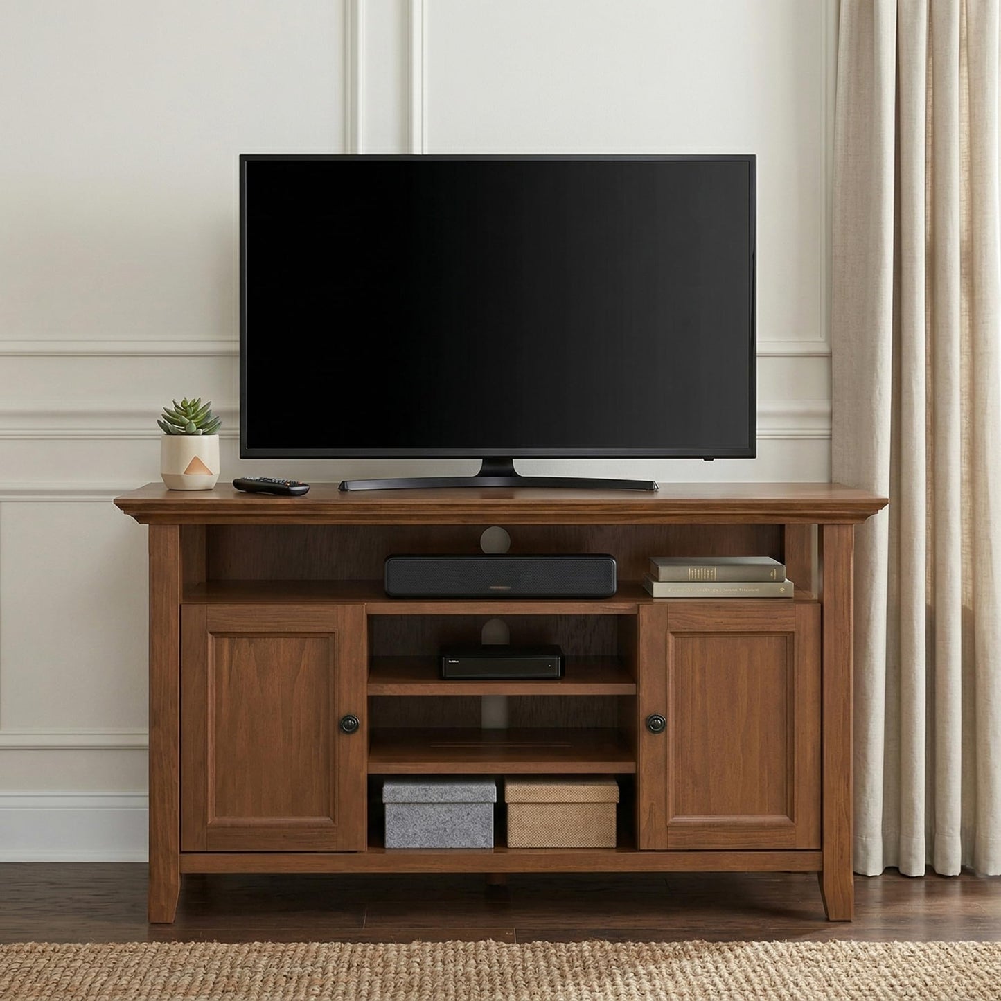 SIMPLIHOME Amherst TV Stand - 54 inch Wide Solid Wood Media Console in Medium Saddle Brown, Transitional Entertainment Center for Living Room for TVs up to 60 Inches with Shelves and Cable Management