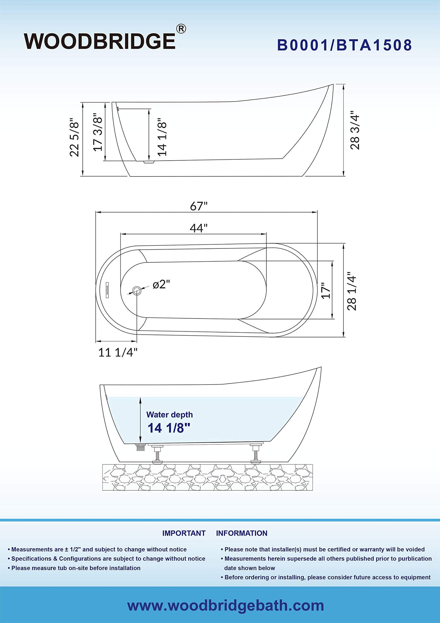 Woodbridge 67" Acrylic Freestanding Bathtub Contemporary Soaking Tub with Chrome Overflow and Drain, BTA1508-C,White