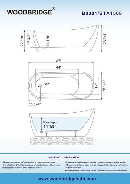 Woodbridge 67" Acrylic Freestanding Bathtub Contemporary Soaking Tub with Chrome Overflow and Drain, BTA1508-C,White
