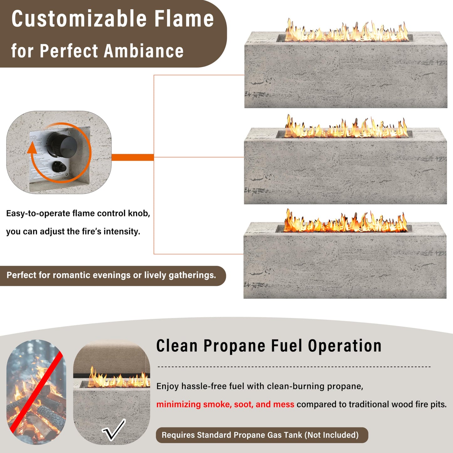 GDFStudio 41.9" MgO Rectangular Propane Fire Pit Table, 40000 BTU Outdoor Fire Pit with Stainless Steel Burner, Lava Rocks & Waterproof Cover, Tabletop Fire Pit for Backyard Patio Parties, Beige+Gray