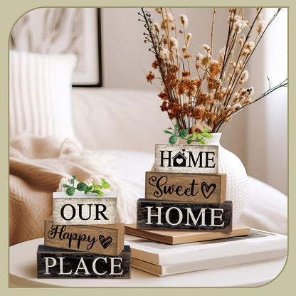 Briwooody 4 Pcs Farmhouse Wooden Table Decor Reversible Sweet Home Tiered Tray Decor Rustic Eucalyptus Leaves Wood Block Sign Gifts for Home Table Kitchen Shelf Decoration