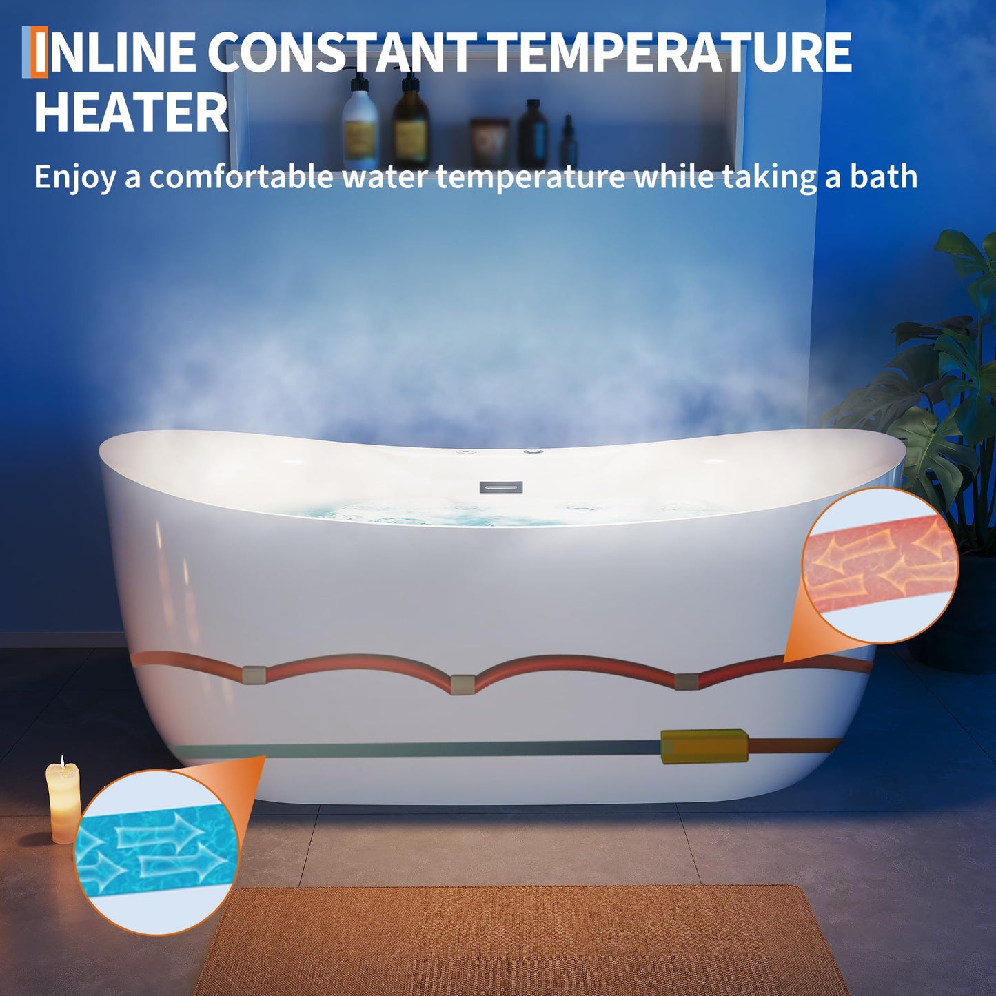 Luxury 71" Heated Whirlpool Bathtub, Smart Digital Control Acrylic Tub with Dual Air & Water Jets, Auto-Temp Heating System, Freestanding Rectangular Soaker with Complete Pump Kit, White