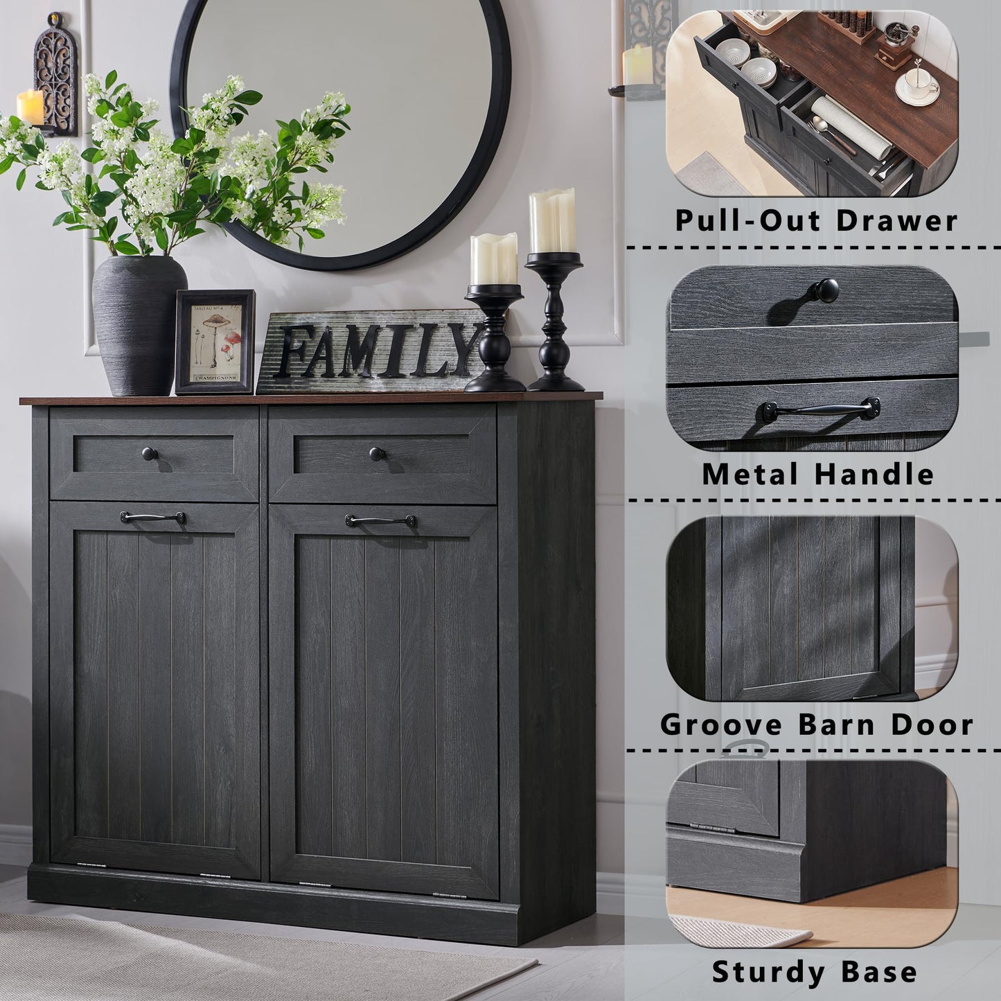 IFGET Double Tilt Out Trash Cabinet, 20 Gallon Farmhouse Laundry Hamper Cabinet with 2 Drawers, Hidden Wooden Trash Can Cabinets with Storage Basket for Kitchen, Living Room (Dark Grey)