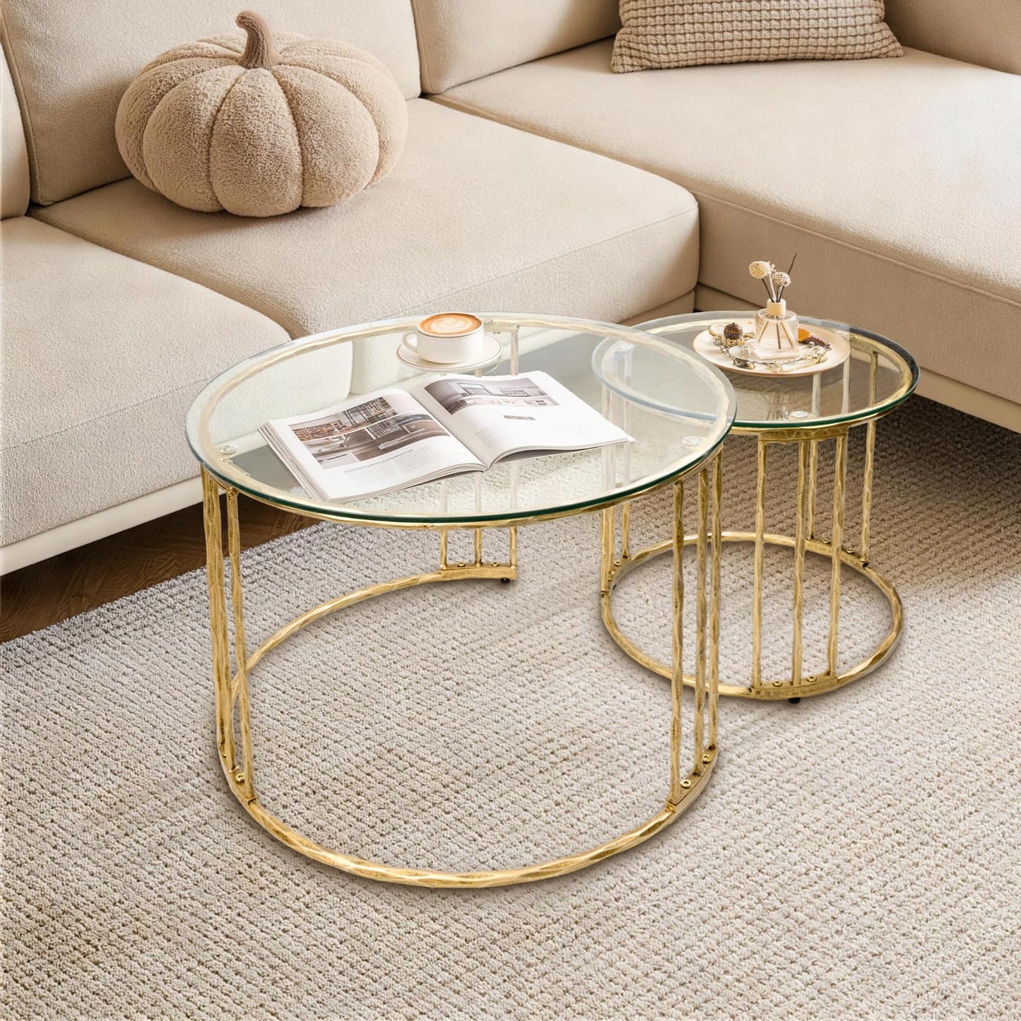 BEGINS Nesting Coffee Table Set of 2, 23.6" Round Coffee Table, Hand Forged Vintage Gold Center Table with Glass Top for Living Room, Bedroom, Balcony
