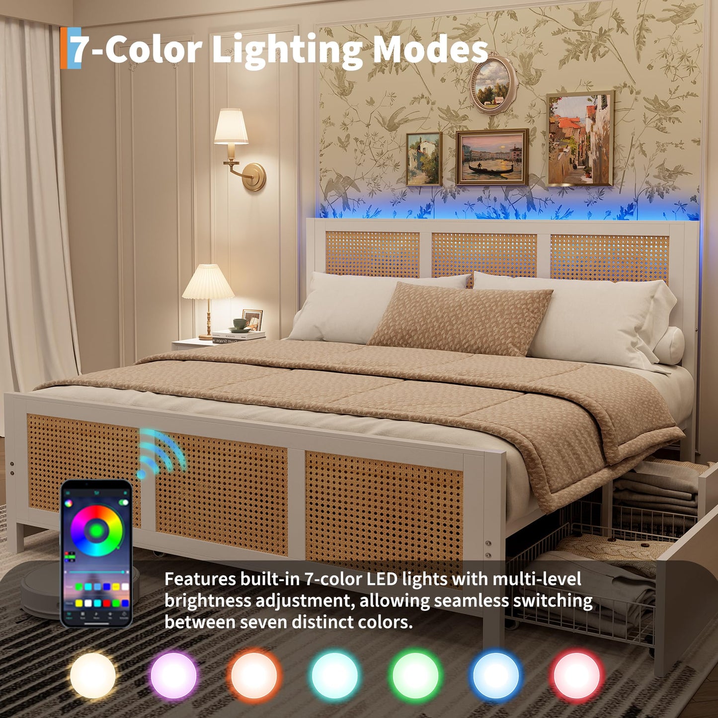 Garvee Rattan Queen Bed Frame with LED Headboard (7 Colors), Boho Cane Platform Bed with 4 Large Drawers, Strong Metal Slats Support, Noise Free, No Box Spring Needed, Easy Assembly, White