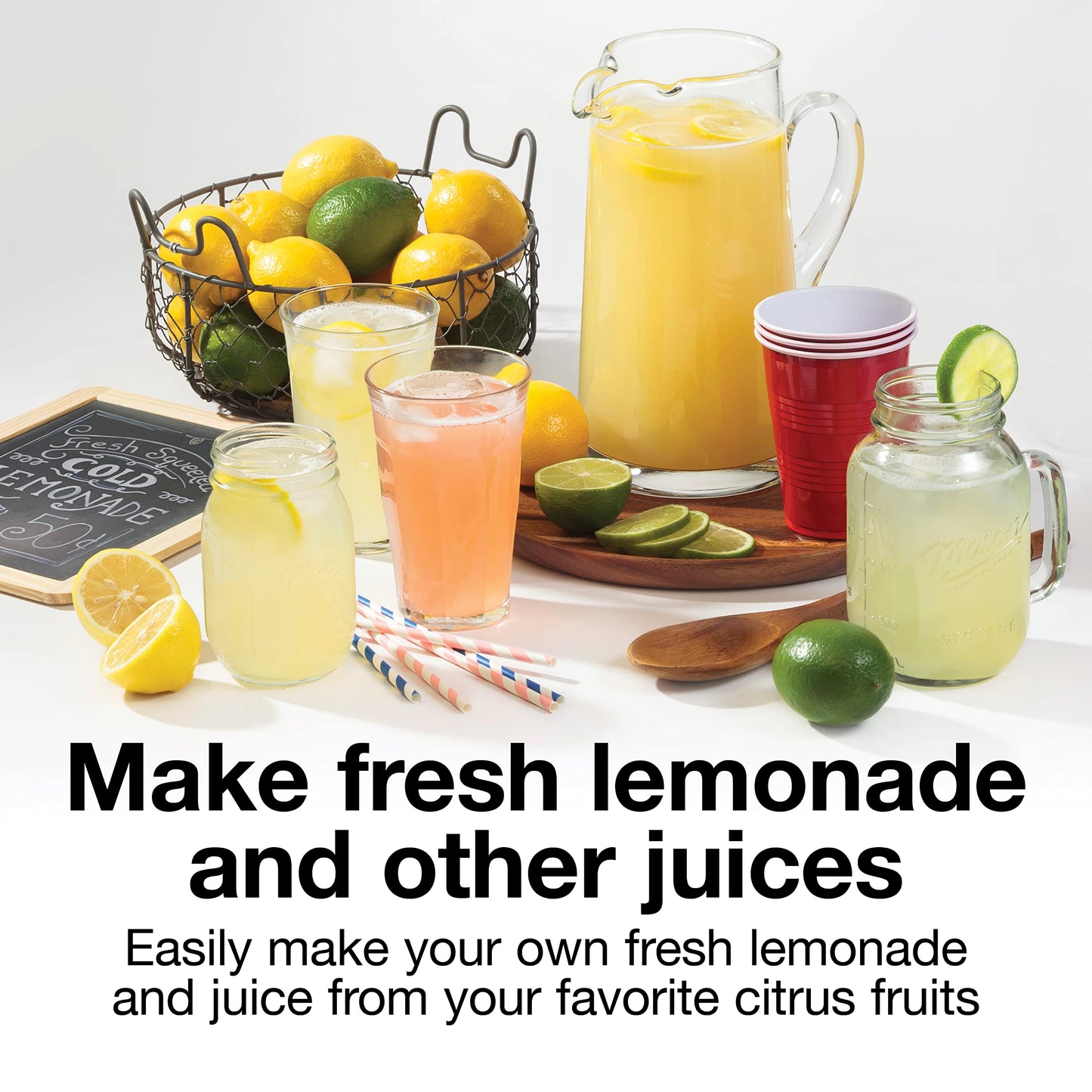 Proctor Silex Alex's Lemonade Stand Electric Citrus Juicer Machine, Large 34 oz. Pitcher, Pressure Activated, for Lemons, Limes and Oranges, 34 oz, Includes 2 Reamers & Recipe Book, Yellow (66341)