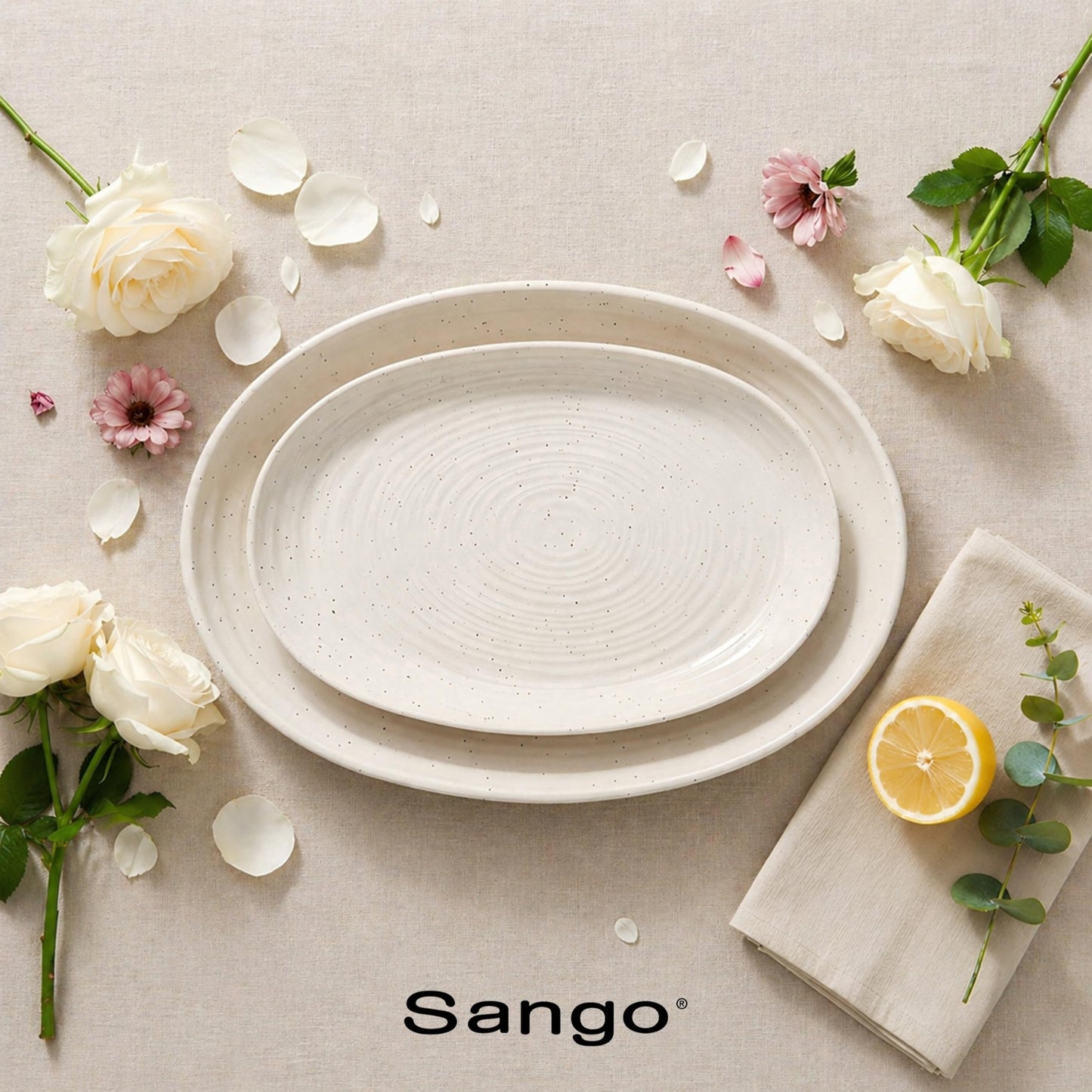 SANGO Siterra 2-Piece Speckled Stoneware Serving Platter Set- Large & Medium Ceramic Platters with Glossy Rustic Glaze for Kitchen, White Serving Dishes for Entertaining, Microwave and Dishwasher Safe