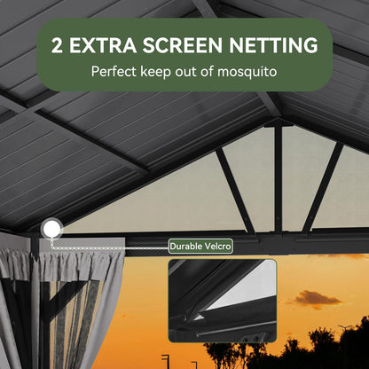 Aoxun 10' X 12' Single Hardtop Gazebo, Aoxun Outdoor Pavilion with Galvanized Steel Gable Roof, Fully Enclosed Netting Permanent Metal Gazebo Canopy for Patio Backyard Garden Deck