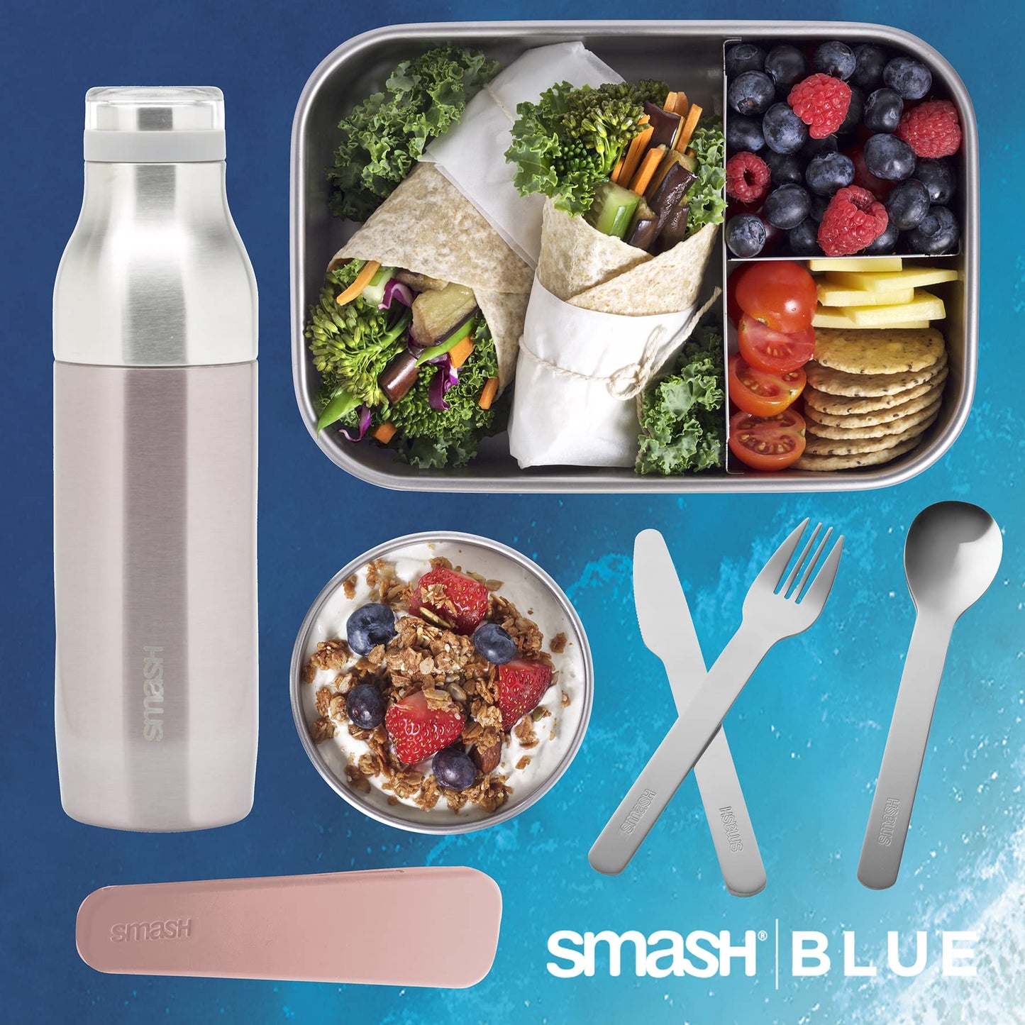 Smash Eco-friendly Bento 7-Piece Lunch Kit - Blush color - Box with 3 compartments, Snack Box, 16.9 fl oz Bottle, 3 piece travel cutlery set. (Blush)