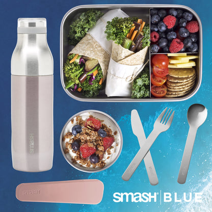 Smash Eco-friendly Bento 7-Piece Lunch Kit - Blush color - Box with 3 compartments, Snack Box, 16.9 fl oz Bottle, 3 piece travel cutlery set. (Blush)