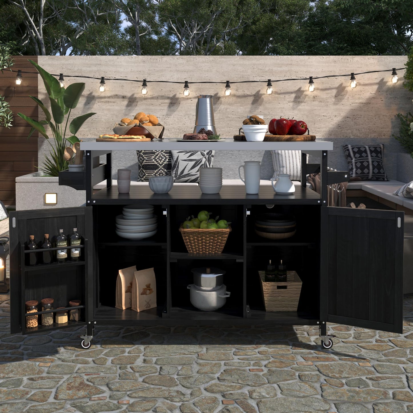 Ball & Cast Outdoor Kitchen Island,Rolling Bar Cart & Storage Cabinet,Farmhouse Solid Wood Outdoor Grill Table with Stainless Steel Top,Spice and Towel Rack,for Kitchen,Barbecue,Black,50.25"