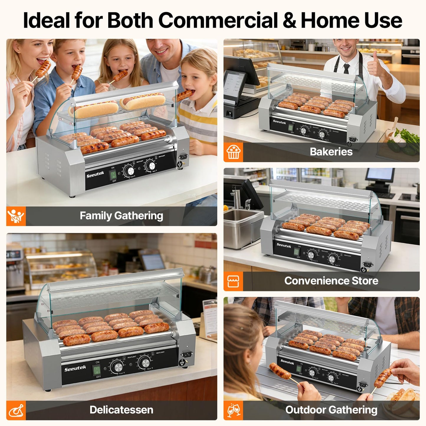 Seeutek Hot Dog Roller 5 Rollers 18 Hot Dogs Capacity 1100W Stainless Hot Dog Toaster, Hot Dog Machine W/Dual Temperature Control Glass Hood Acrylic Cover Warmer Shelf Removable Oil Drip Tray