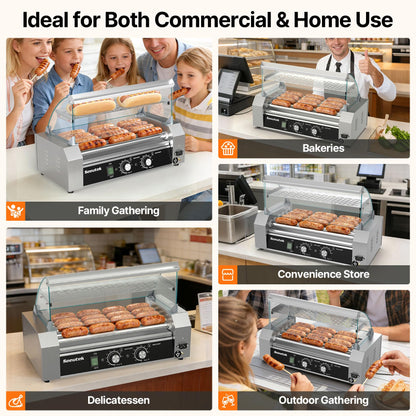 Seeutek Hot Dog Roller 5 Rollers 18 Hot Dogs Capacity 1100W Stainless Hot Dog Toaster, Hot Dog Machine W/Dual Temperature Control Glass Hood Acrylic Cover Warmer Shelf Removable Oil Drip Tray