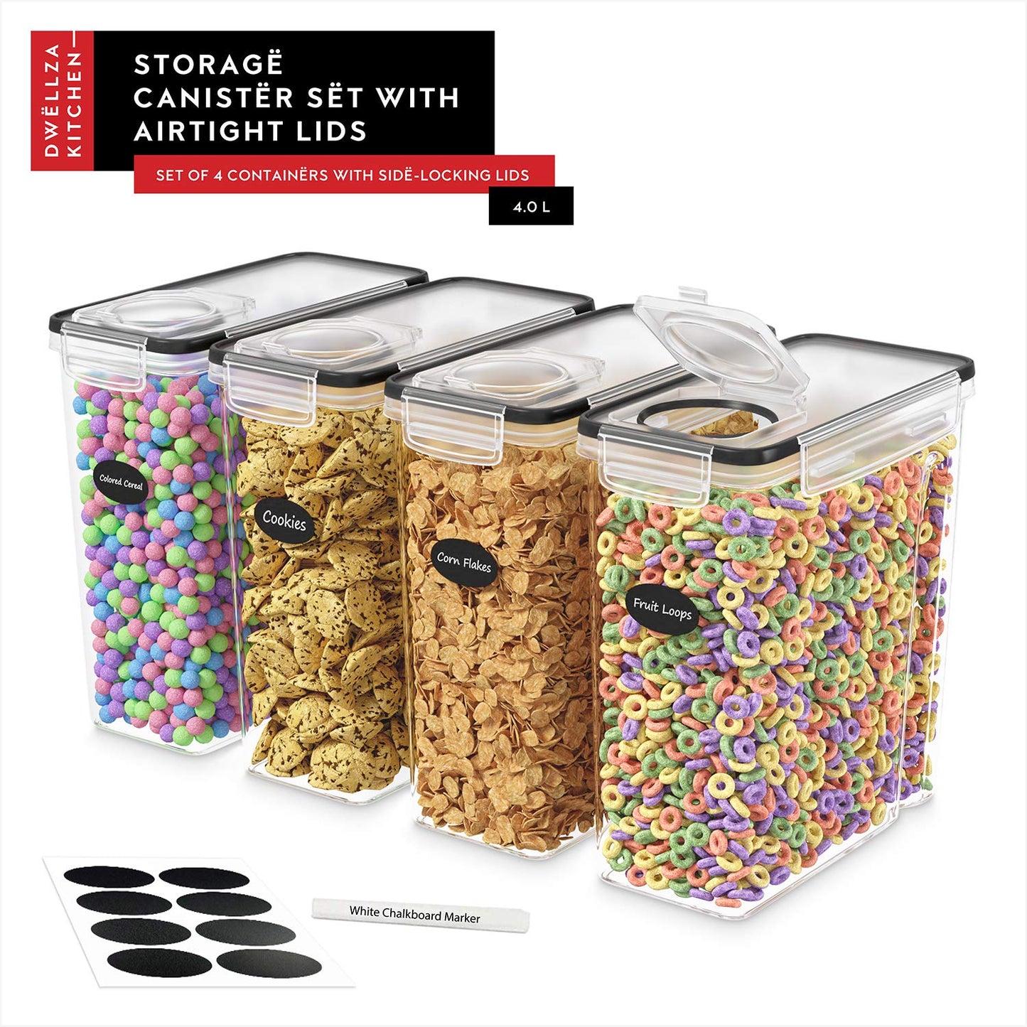 DWËLLZA KITCHEN Cereal Containers Storage 4L Set of 4 Airtight Food Storage Containers with Lids Cereal Dispenser Countertop Pantry Organization Canister for Rice Flour & Sugar 1 Marker 8 Labels