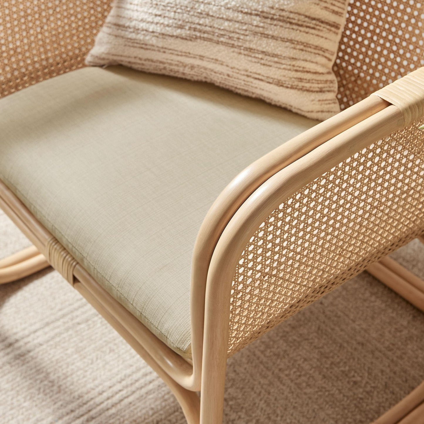 Ellis Natural Rattan Accent Armchair in Natural – Curved Low Lounge Chair with Cushioned Seat for Living Room, Sunroom, or Covered Patio