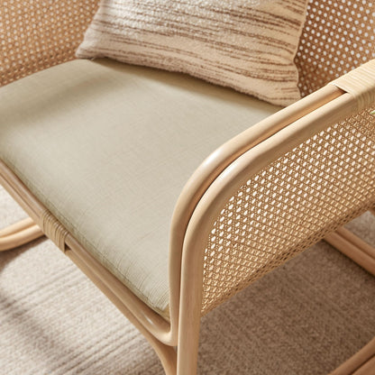 Ellis Natural Rattan Accent Armchair in Natural – Curved Low Lounge Chair with Cushioned Seat for Living Room, Sunroom, or Covered Patio