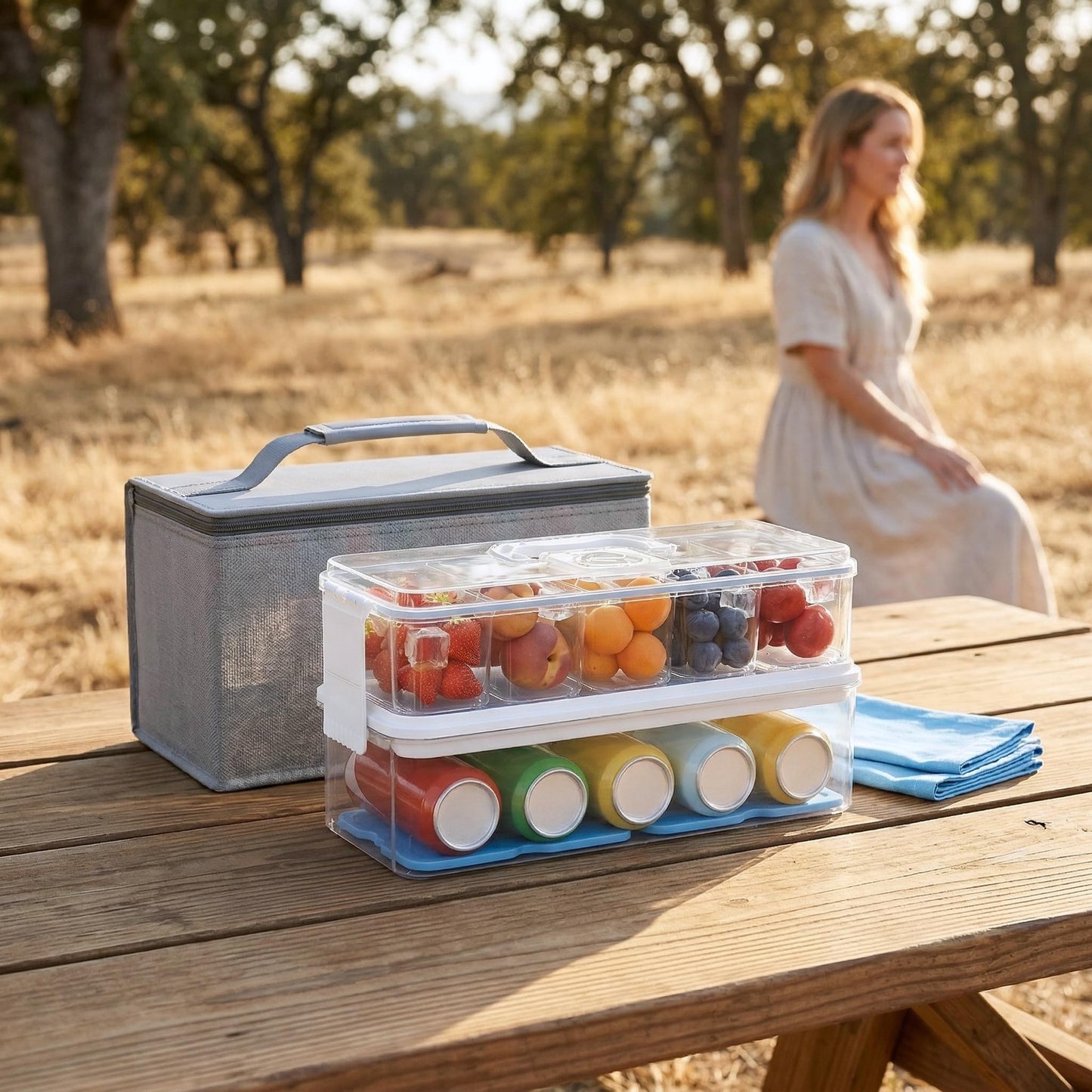Double-Layer Chilled Portable Snackle Box with 5 Removable Compartments, 4 Ice Packs & Insulated Bag, Keeps Food Chilled or Warm, Extra Layer for Drinks, Fruits & Candy, Dishwasher-Safe for Road Trips
