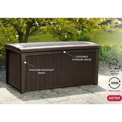 Keter 2-Pack Borneo 110 Gallon Deck Box Organizer, Doubles as 2-Person Bench Seat, Brown – Large Resin Outdoor Storage and Seating with Lockable Lid for Garden, Pool, and Patio