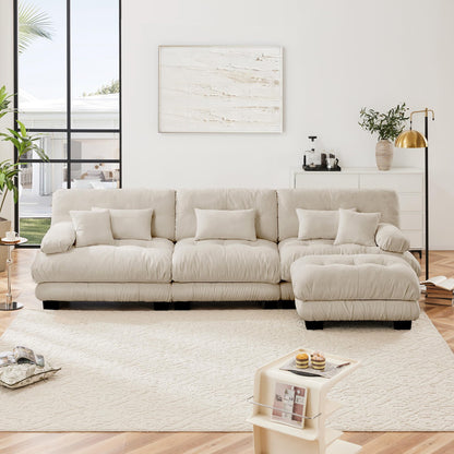 KEIKI 133" Sectional Sofa with Removable Ottoman, 4 Seat L Shaped Sleeper Cloud Couch Set, Comfy Chenille Upholstered Modular SofaBed for Apartment Living Room, Throw Pillows, Light Coffee
