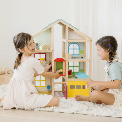 Melissa & Doug Wooden Hi-Rise Dollhouse with 15 Furniture Pieces, Garage, Working Elevator Preschool Dollhouse for Kids Ages 3+