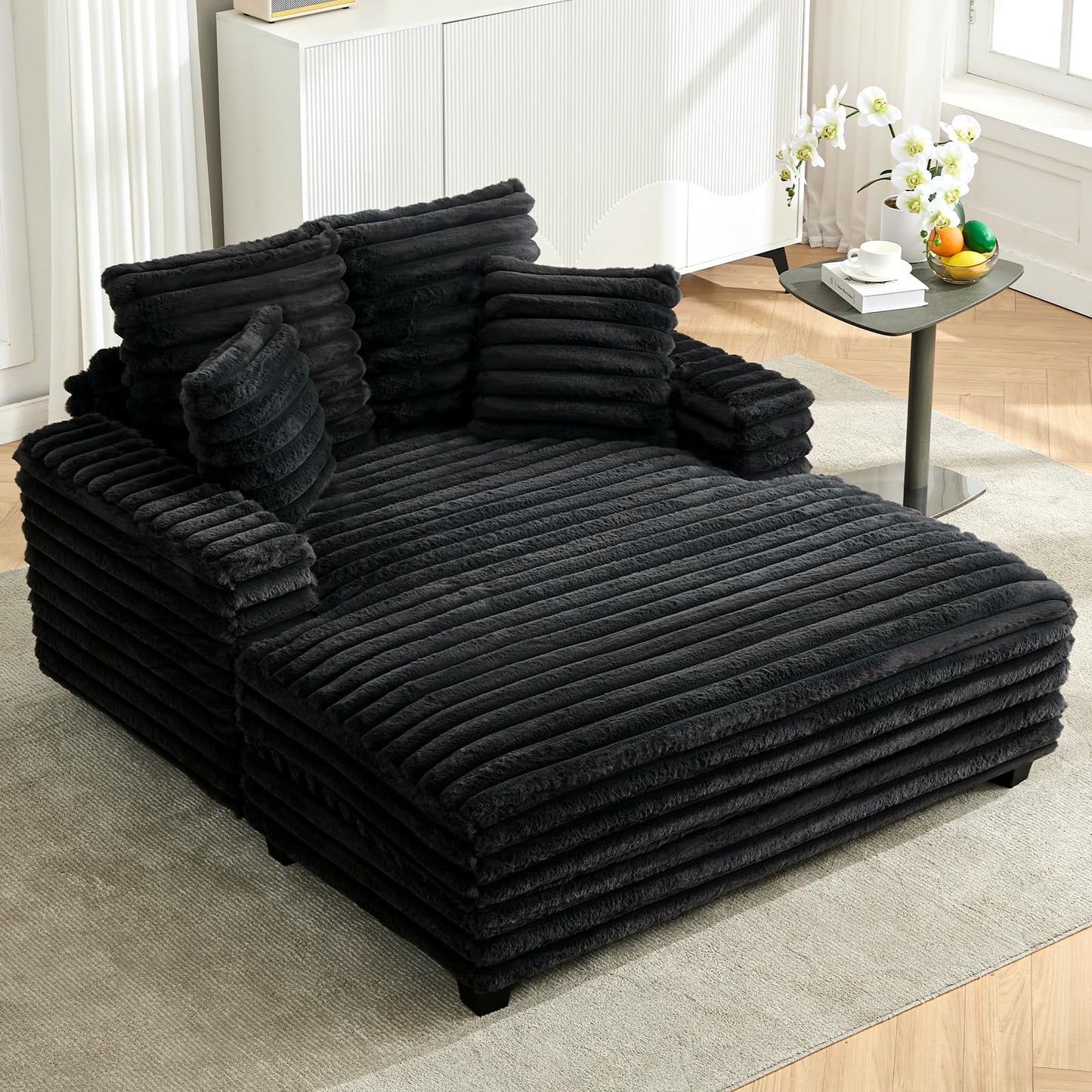 Oprisen Oversized Chaise Lounge Chair Indoor, 53 Inch Fluffy Plush Faux Fur Upholstered Sleeper Sofa Bed, Cozy Lazy Couch for Living Room, Bedroom (Black)
