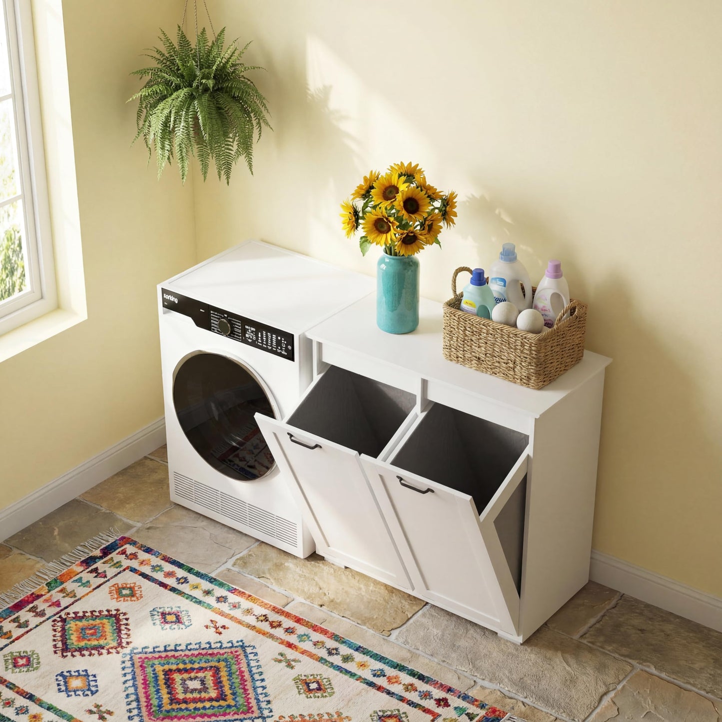 White Laundry Cabinet with 2 Removable Liner Bags, Particle Board and MDF, 31.5 x 15.75 x 30.31 Inches, Dual Compartment Hamper Sorter