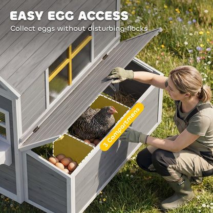 PawHut Wooden Chicken Coop, Hen House for 2-4 Hens, Outdoor Playhouse Poultry Cage with 2 Nesting Boxes, Waterproof Roof, Windows, Chicken Hutch for Farm Backyard, 72" x 50" x 54", Gray