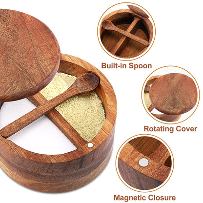 RAETTER.LY Acacia Wood Salt and Pepper Bowl, Nature Wood Salt Cellar and Spices Storage Box With Built-in Spoon and Magnetic Swivel Lid (Two Compartments 12 oz)