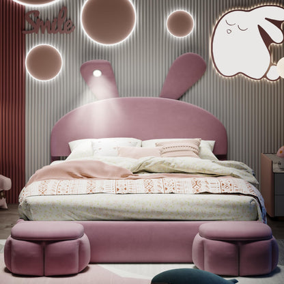 Merax Full Size Upholstered Platform Bed, with 2 Storage Stools, Cute Cartoon Ears Shaped Headboard, with a LED Light, Pink