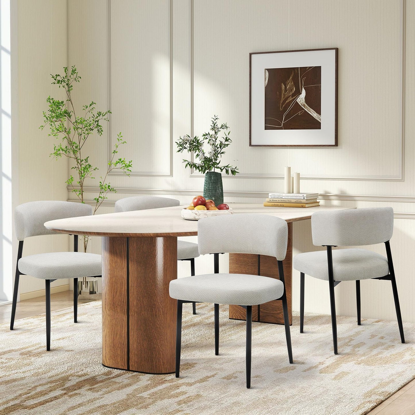 Sweetcrispy Dining Chairs Set of 4, Boucle Fabric Modern Mid Century Round Kitchen Chairs with Curved Backrest & Metal Legs for Vanity, Living Room - Modern Beige
