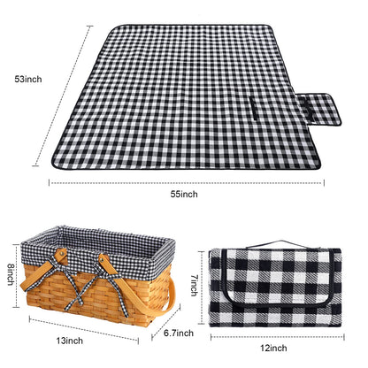 Patelai Wicker Picnic Basket Natural Hand Woven Basket with Double Folding Handles, Willow Hamper Baskets with Blanket for Outdoor Picnic Summer Spring Camp Family(Black and White Grid)