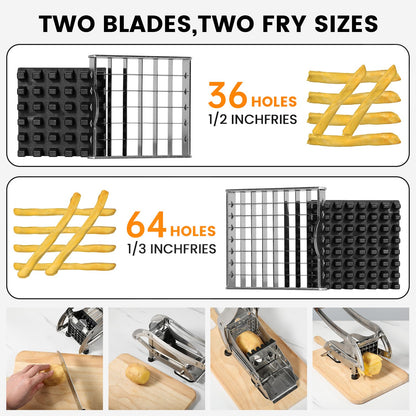 YENXIKU Premium French Fry Cutter & Potato Slicer – Stainless Steel Vegetable Cutter with 1/2 & 1/3 Inch Blades for Fries, Potatoes, Chips & Carrots (1-Pack)