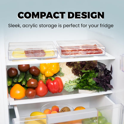 GlossyEnd Bacon Keeper Storage Container with Tong, Deli Meat Storage Container with Perforated Tray for Freshness, Clear Durable Plastic - Dishwasher and Freezer Safe - Size: 11” x 6.5” x 2”