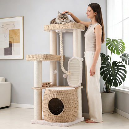 EMUST Luxury Modern Cat Tree Tower 50IN - Heavy-Duty Multi-Level Cat Condo with Extra-Large Hand-Woven Rattan Bed & Thickened Scratching Post for Indoor Cats Large Adult