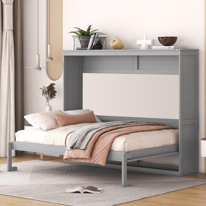 Merax Modern Murphy Cabinet Bed, Solid Wood Wall Platform Bed/No Box Spring Needed/Easy Assemble/Full,Gray