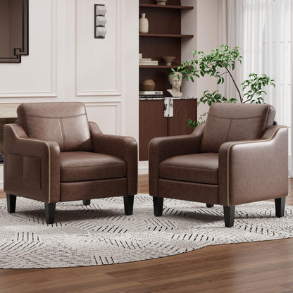 MALOL PU Leather Accent Chair Set of 2, Mid-Century Modern Living Room Armchair Sofa with Removable Cushions & Stitched Armrest Design, Bedroom Chair with Plastic Legs, Chocolate Brown
