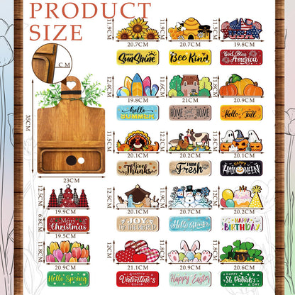GlikCeil 37 Pcs Interchangeable Seasonal Decor Farmhouse Breadboard Interchangeable Seasonal Tier Tray Decor Holiday Halloween Thanksgiving Christmas Wooden Decoration with Bow for Table Kitchen